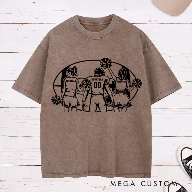 Personalized American Football Cheerleader Washed T-Shirts with Custom Player and 2 Cheerleader Name and Number