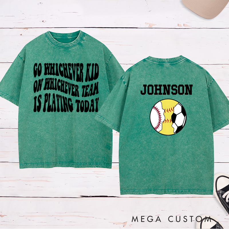 Personalized Sports Washed T-Shirt Featuring Baseball, Soccer, and Softball Graphics with Customizable Back