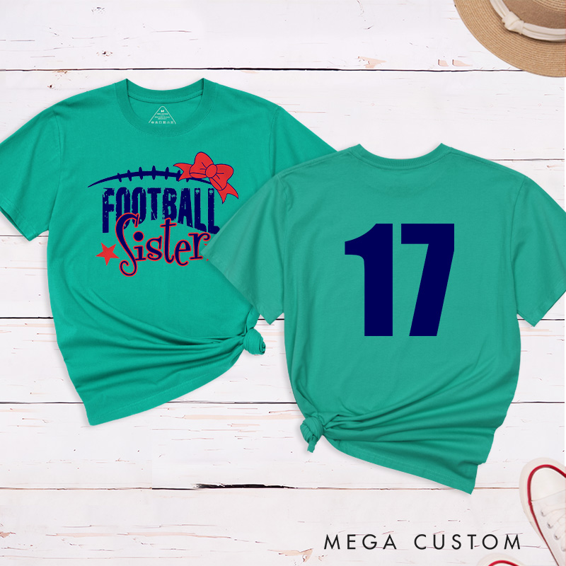 Personalized American Football and Rugby Bow Sister T-Shirts with Custom Numbers