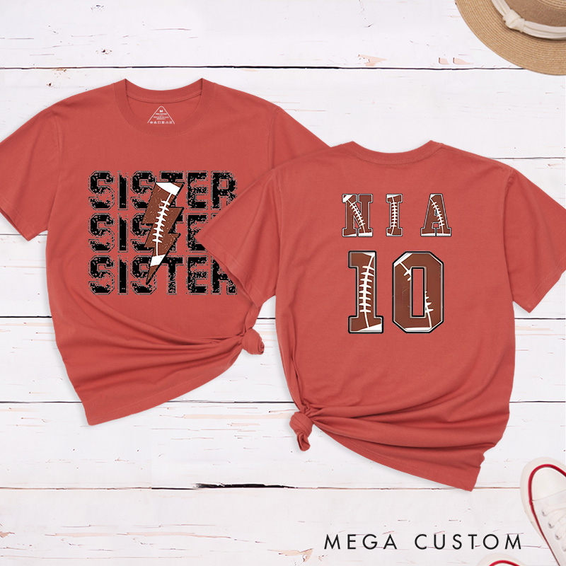 Personalized American Football and Rugby Sister T-Shirts with Custom Name and Number