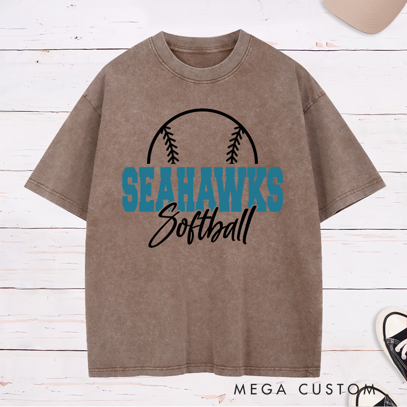 Personalized Softball Team Washed T-Shirt Design Featuring Bold Block Team Name Text Stylish Script Font for Softball and Minimalist Softball Graphic Outline