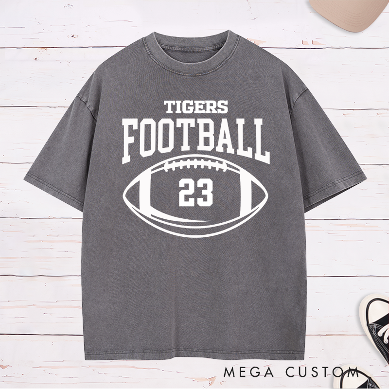 Personalized American Football and Rugby Washed T-Shirt with Custom Team Name and Number