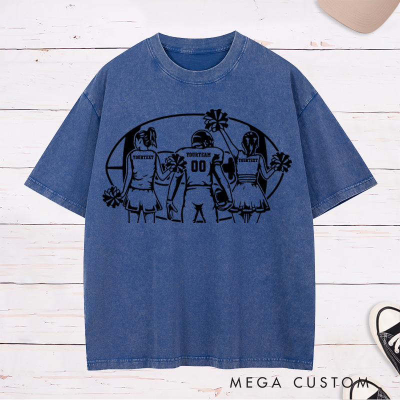 Personalized American Football Cheerleader Washed T-Shirts with Custom Player and 2 Cheerleader Name and Number