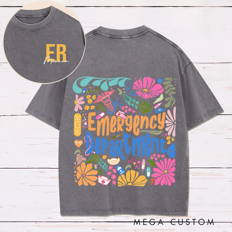 Personalized Two Sides Printed Washed T-Shirt Customized Emergency Department Vibrant Floral Design Washed T-Shirt 