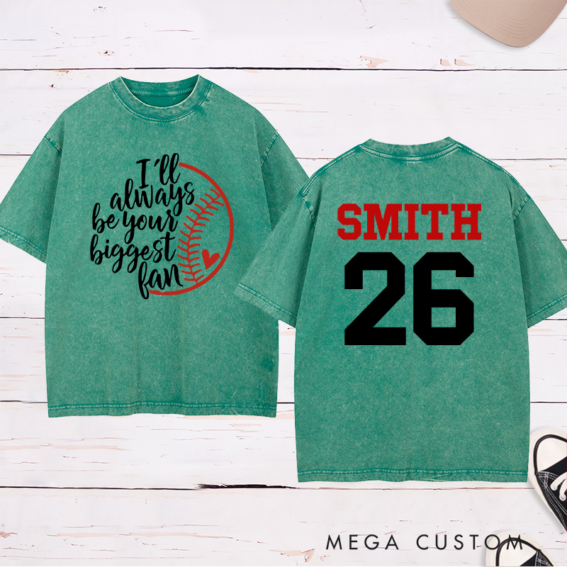 Personalized Baseball Fan Washed T-Shirt with Heartfelt Quote and Custom Name and Number