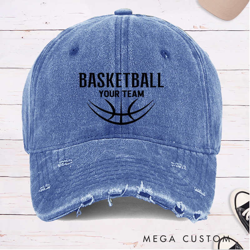 Personalized Distressed Denim Basketball Cap with Custom Team Name and Modern Basketball Graphic Design