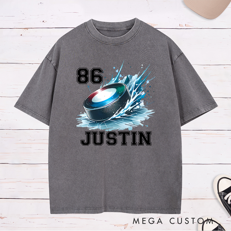 Personalized Hockey Washed T-Shirt with Splashed Ice Puck Design and Custom Name