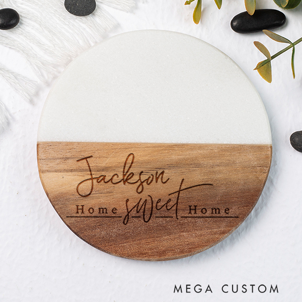 Personalized Coasters Wedding Housewarming Gift Custom Marble and Wood Coaster Home Sweeet Home Engraved Engagement Gift for Couple New Home Gift