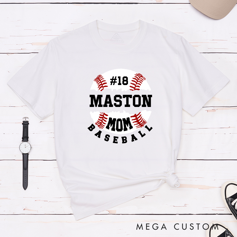 Personalized Baseball Mom T-Shirt with Custom Name and Player Number Design