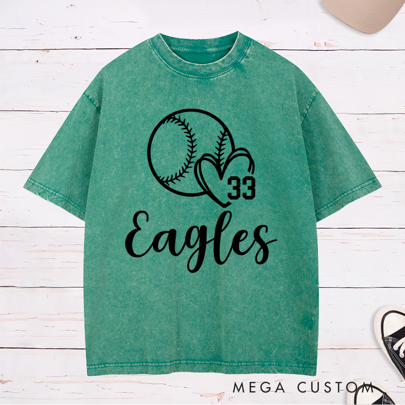 Personalized Softball Team Washed T-Shirt Design Featuring Customizable Team Name Heart and Player Number with Softball Graphic