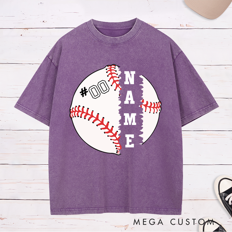 Personalized Baseball Graphic Washed T-Shirt with Split Design and Custom Name and Number