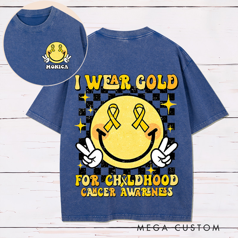 Personalized Two Sides Printed Washed T-Shirt Customized I Wear Gold for Childhood Cancer Awareness Design Washed T-Shirt 