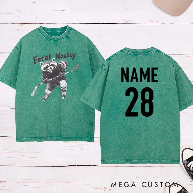 Personalized "Feral Hockey" Raccoon Washed T-Shirt with Custom Name and Number