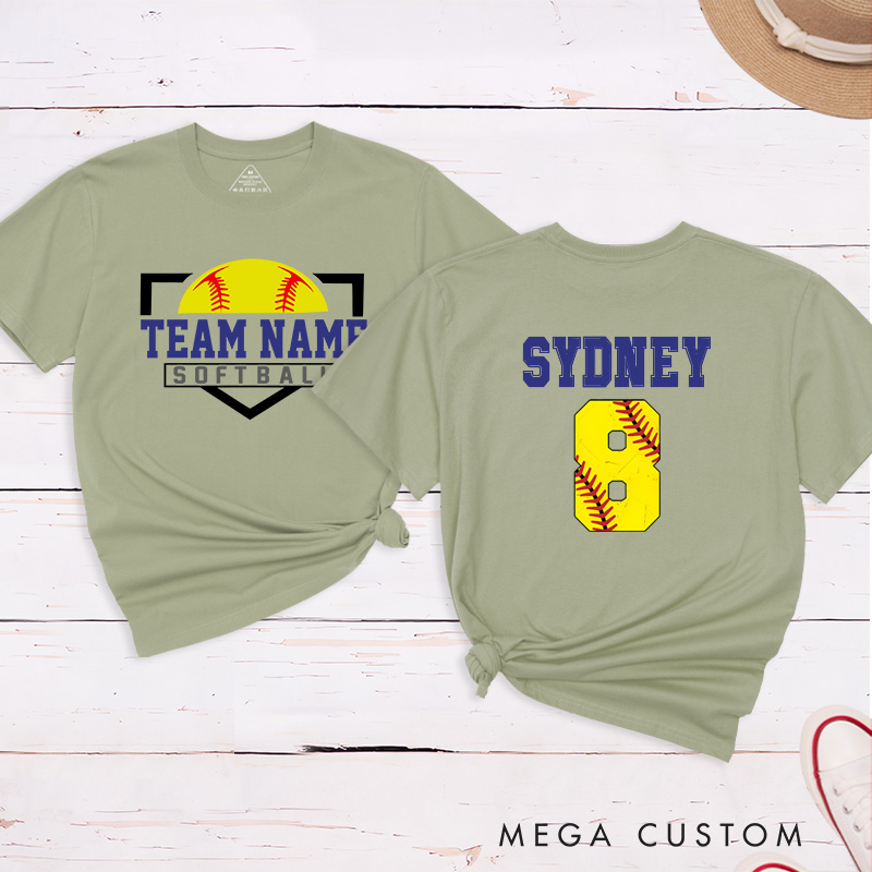 Personalized Softball T-Shirt Design Featuring Custom Team Name on the Front and Player Name with Jersey Number on the Back