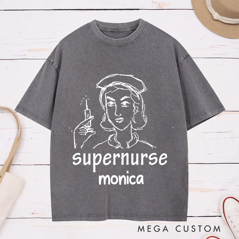 Personalized Nurse Washed T-Shirt Customized Supernurse Design Washed T-Shirt 
