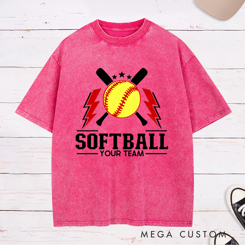Personalized Softball Team Washed T-Shirt Design Featuring Customizable Team Name Bold Softball Graphics Crossed Bats and Striking Lightning Elements