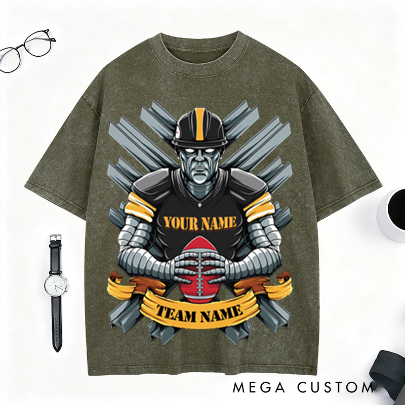 Personalized Steel Warrior Football T-Shirt with Custom Team and Player Name