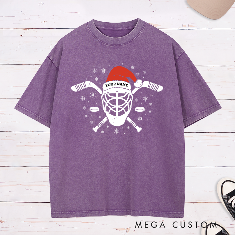 Personalized Washed Hockey T-Shirt with Custom Name and Festive Santa Hat Design