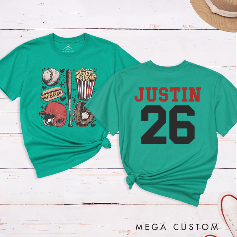 Personalized Sports Fan Tee with Baseball-Themed Graphics and Custom Text