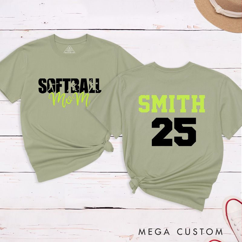 Personalized Softball Mom T-Shirt Design Featuring Bold Front Text with Stylish Script and Custom Name and Number on the Back