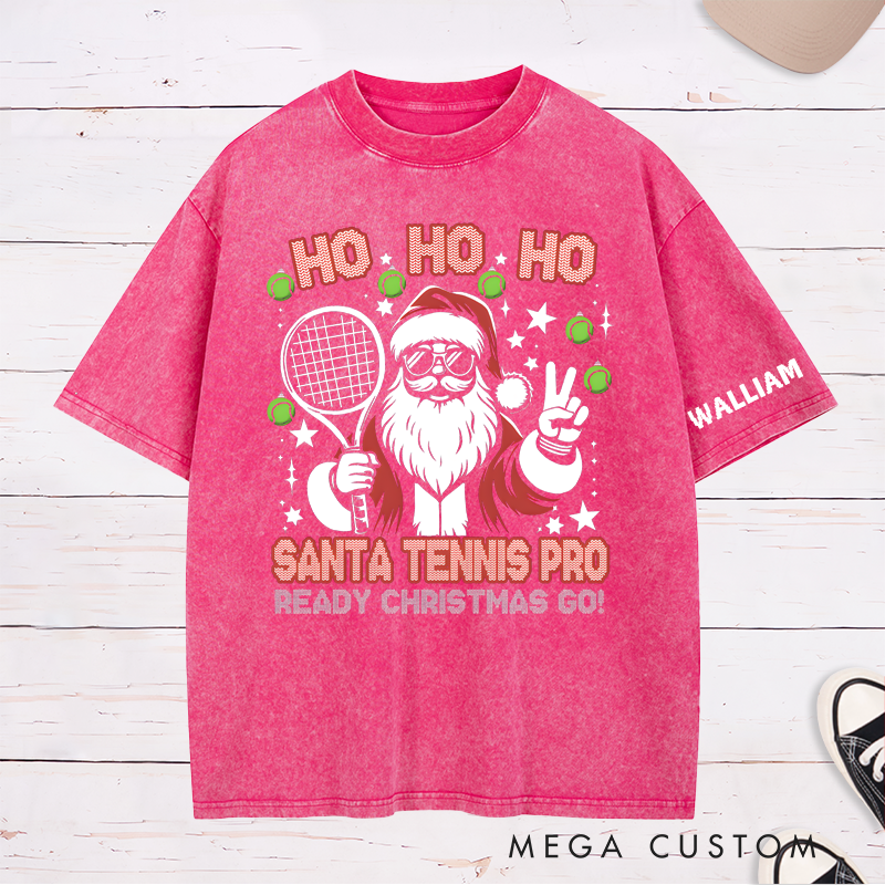Personalized "Santa Tennis Pro" Christmas Washed T-Shirt with Custom Name