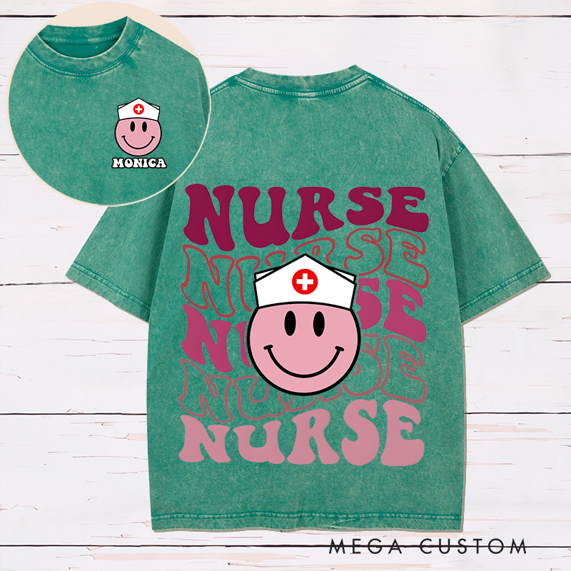 Personalized Two Sides Printed Washed T-Shirt Customized Retro Smiley Nurse Design Washed T-Shirt Nurse Week Gift