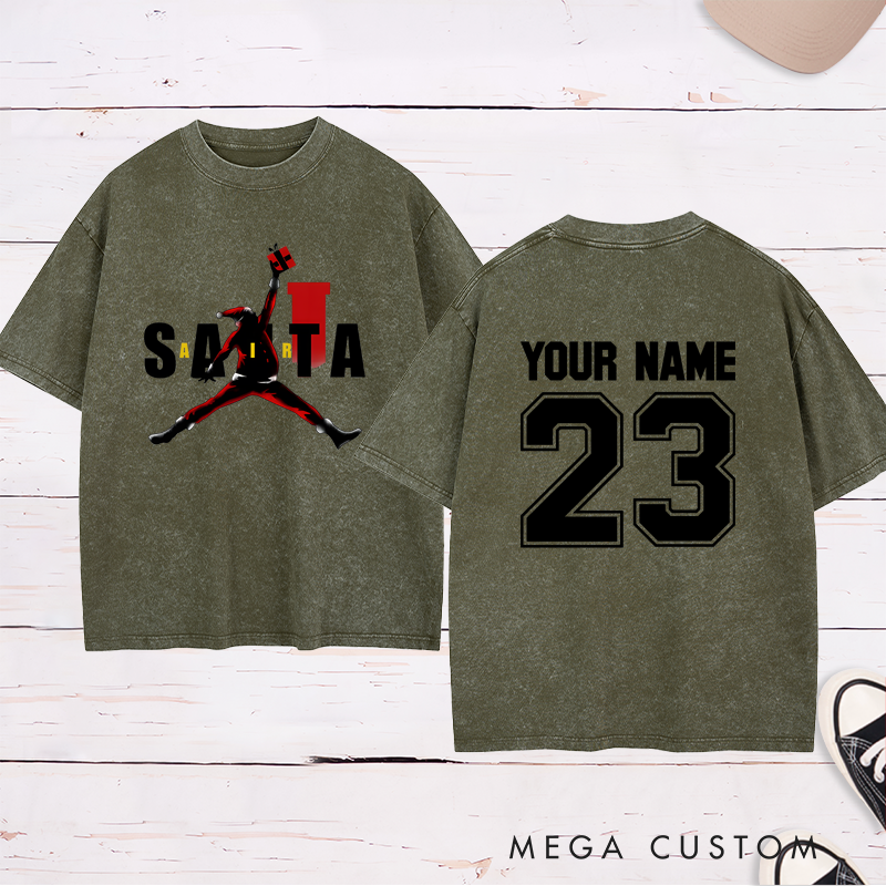Personalized Santa Basketball Washed T-Shirt with Custom Name Number and Unique Festive Holiday Design