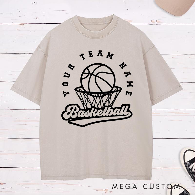 Personalized Washed T-Shirt Design Featuring Custom Team Name with Basketball Hoop and Ball Graphic for a Classic Sporty Look