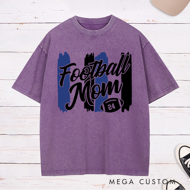 Personalized American Football Mom Washed T-Shirts Featuring Custom Number on the Front