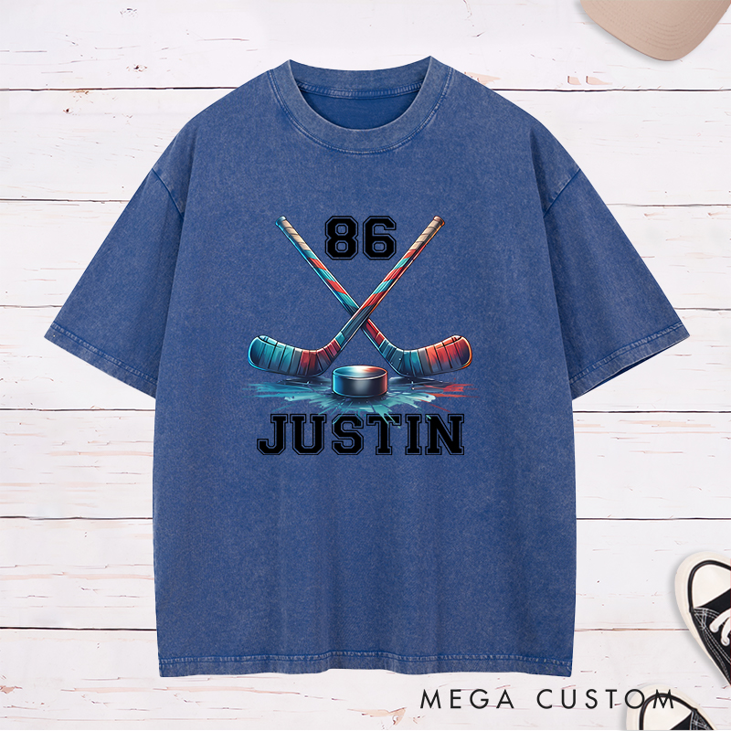 Personalized Ice Hockey Washed T-Shirt with Crossed Sticks and Custom Name  