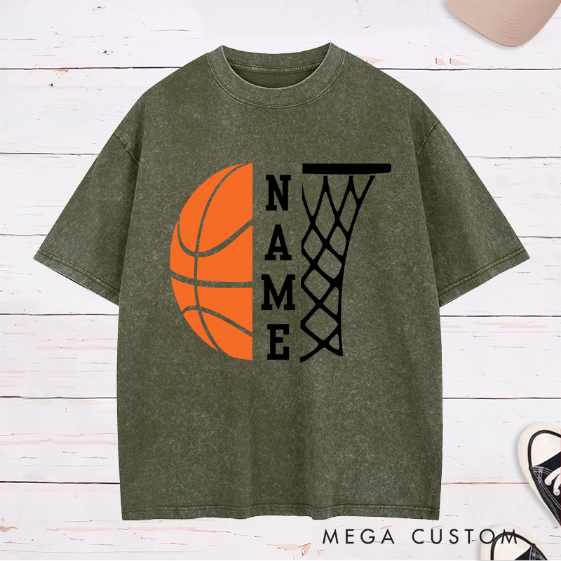 Personalized Washed T-Shirt Design Featuring a Bold Basketball and Hoop Graphic with Customizable Vertical Name Option
