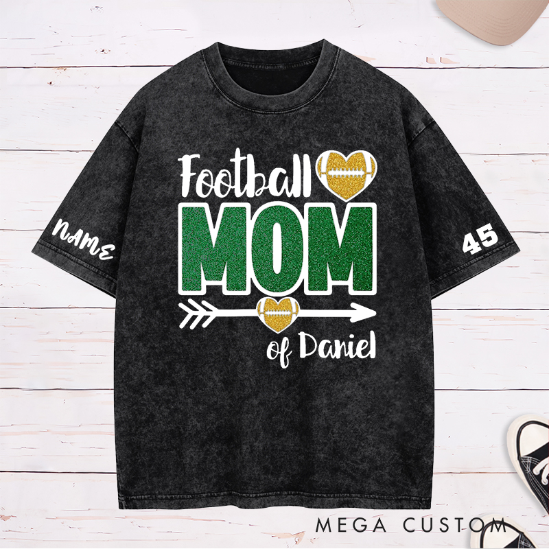 Personalized American Football Mom Washed T-Shirts Featuring Custom Team Name and Number for Game Day Fans