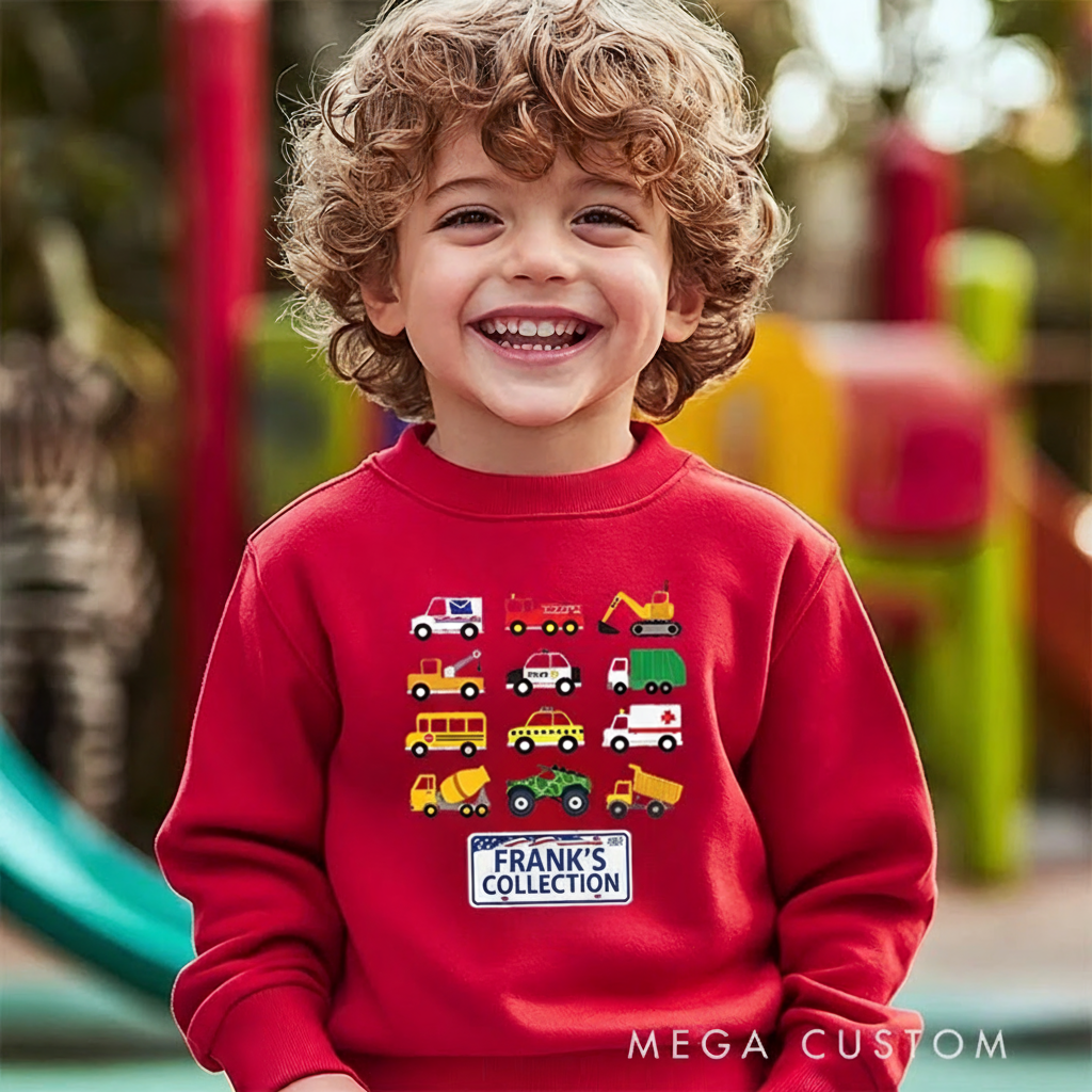 Personalized Kids Sweatshirt and Holiday Pullover with Colorful Vehicle Collection Design Featuring Cars Trucks and Excavators for a Fun Christmas Look