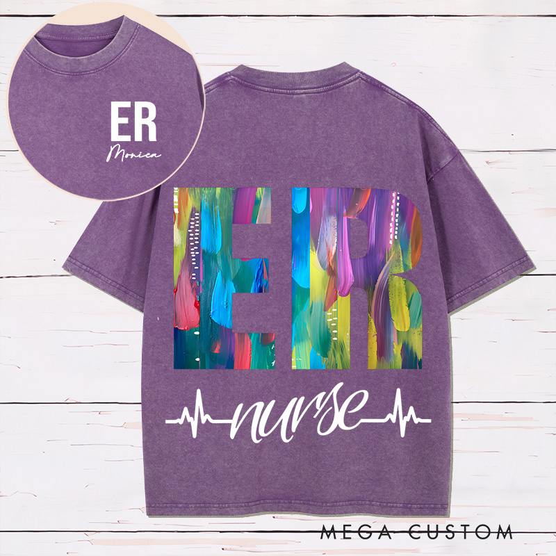 Personalized Two Sides Printed Washed T-Shirt Customized ER Nurse Vibrant Artistic Design Washed T-Shirt 