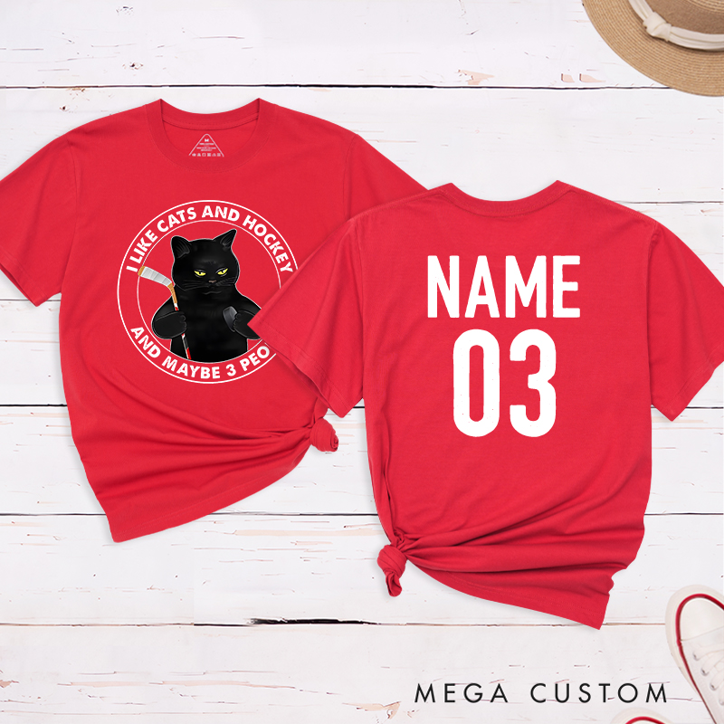 Personalized Funny Cat and Hockey Lover T-Shirt with Custom Name and Number