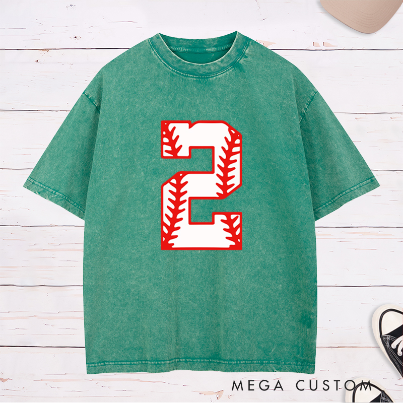 Personalized Athletic Washed T-Shirt with Bold Baseball Stitch Number Graphic