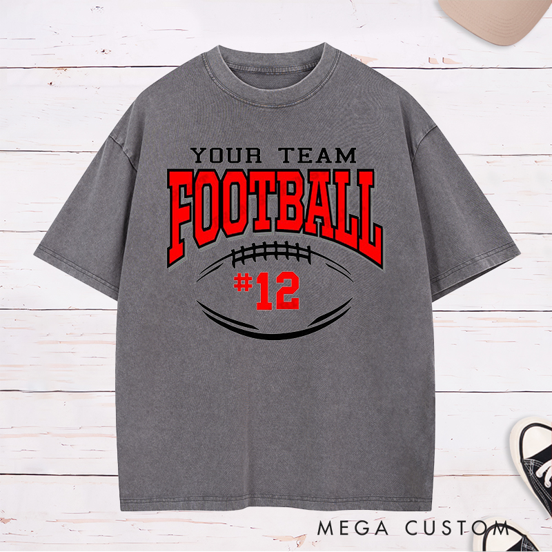 Personalized American Football Washed T-Shirts Featuring Custom Team Name and Number on the Front