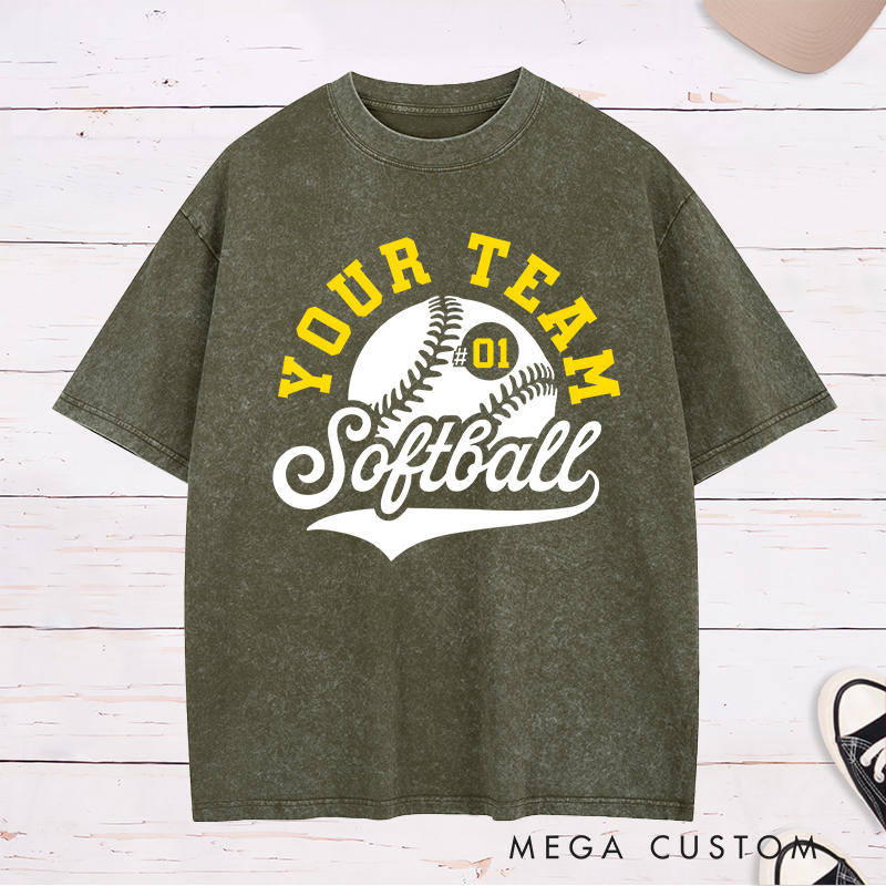 Personalized Softball Washed T-Shirt Team Logo Design Featuring a Customizable Team Name Dynamic Softball Graphic and Customizable Player Number