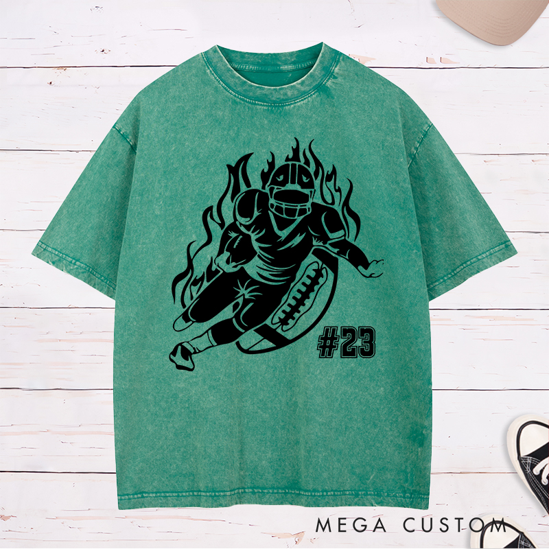 Personalized American Football Player Washed T-Shirts Featuring Custom Number for Football Action Tee