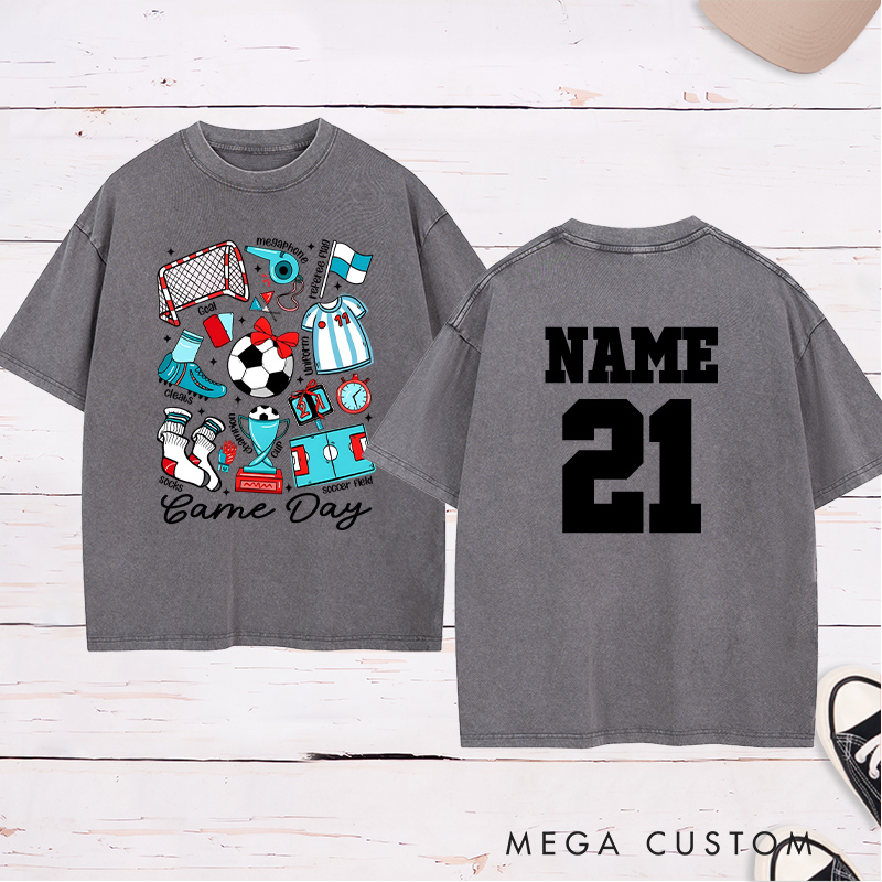Personalized Game Day Soccer Washed T-Shirt with Fun Illustrated Graphics and Custom Name and Number