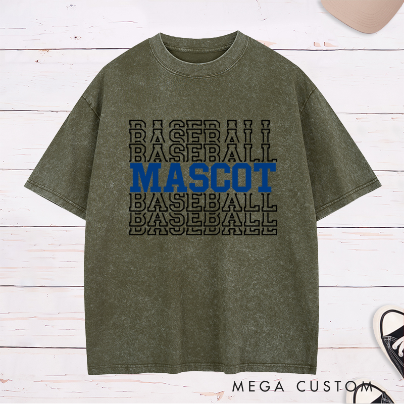 Personalized Baseball Washed T-Shirt Featuring Team Name and Repeating Text Pattern