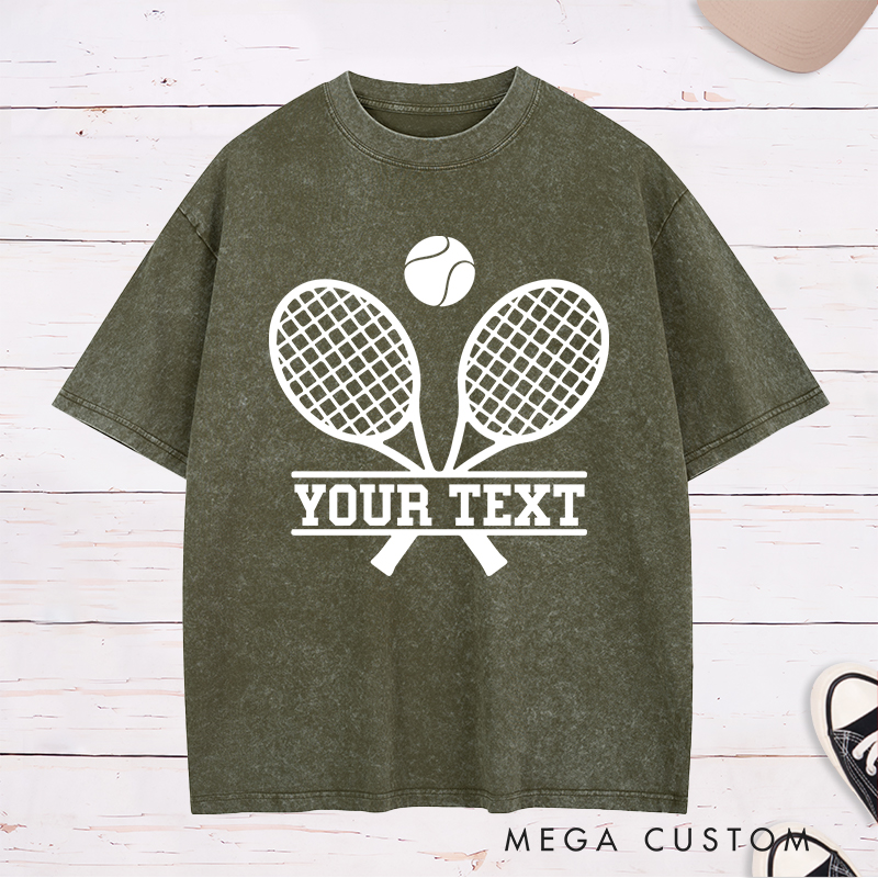Personalized Tennis Washed T-Shirt with Crossed Rackets Design and Custom Text