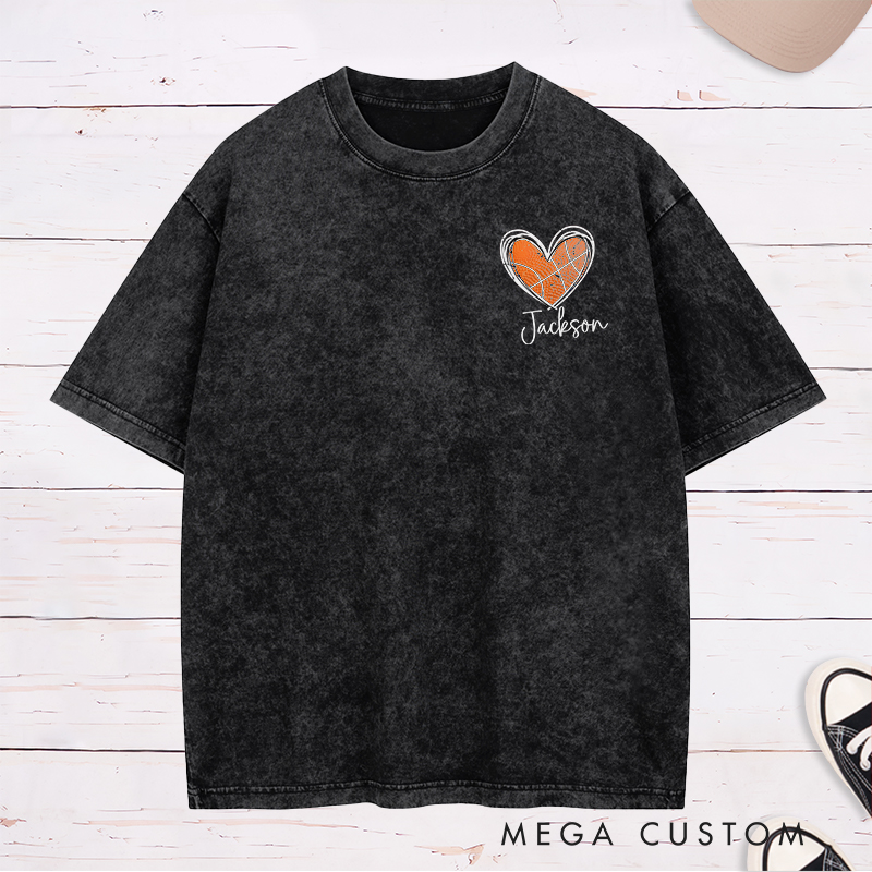 Personalized Washed T-Shirt Design Featuring Heart-Shaped Basketball Graphic with Custom Name for a Sporty and Stylish Look