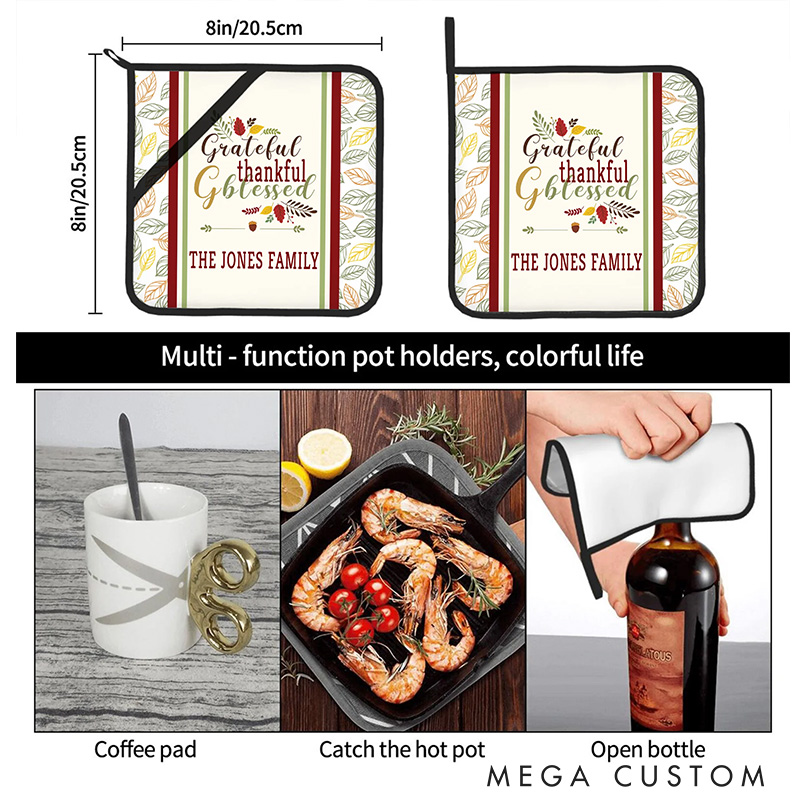 Personalized Thankful and Blessed Pot Holders Pads with Name Set of 2 Baking Cooking Utensil Gift for Family Cooking Enthusiast Baking Lovers Gift