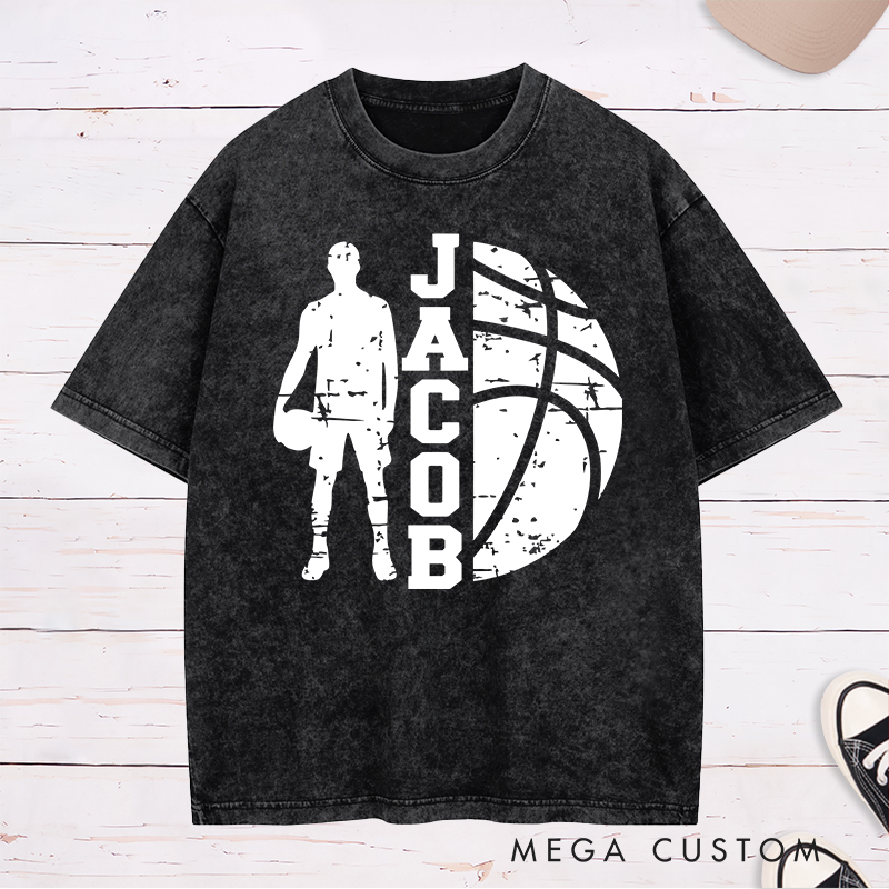 Personalized Washed T-Shirt Design Featuring a Distressed Basketball Player Silhouette with Customizable Vertical Name and Bold Graphic Style