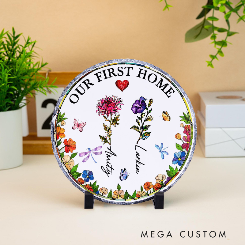 Personalized Our First Home Decorative Plaque Custom Floral Design with Family Names Tabletop Display Perfect for New Homeowners Housewarming Gift Keepsake