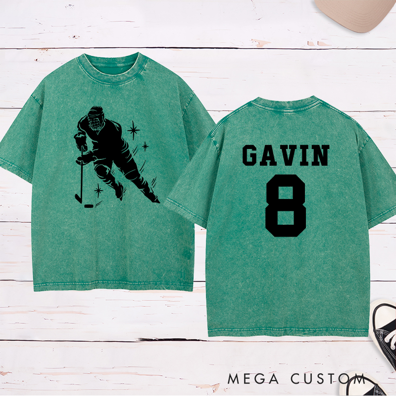 Personalized Hockey Player Silhouette Washed T-Shirt with Custom Name and Number