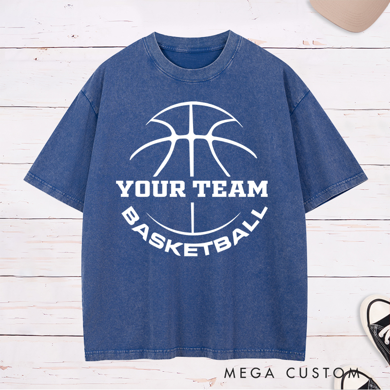 Personalized Washed T-Shirt Design Featuring a Basketball Outline with Customizable Team Name