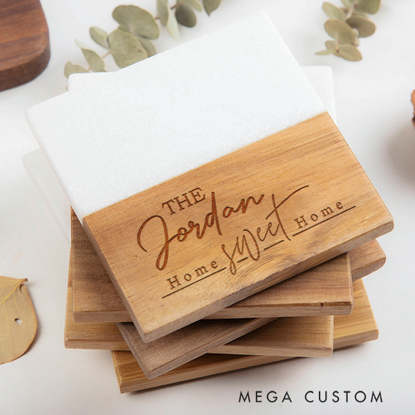 Personalized Coasters Wedding Housewarming Gift Custom Marble and Wood Coaster Home Sweet Home Coaster Engraved Engagement Gift for Couple