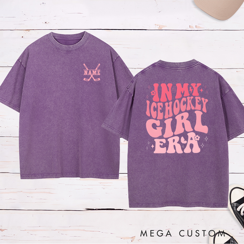 Personalized "Ice Hockey Girl Era" Washed T-Shirt with Custom Name